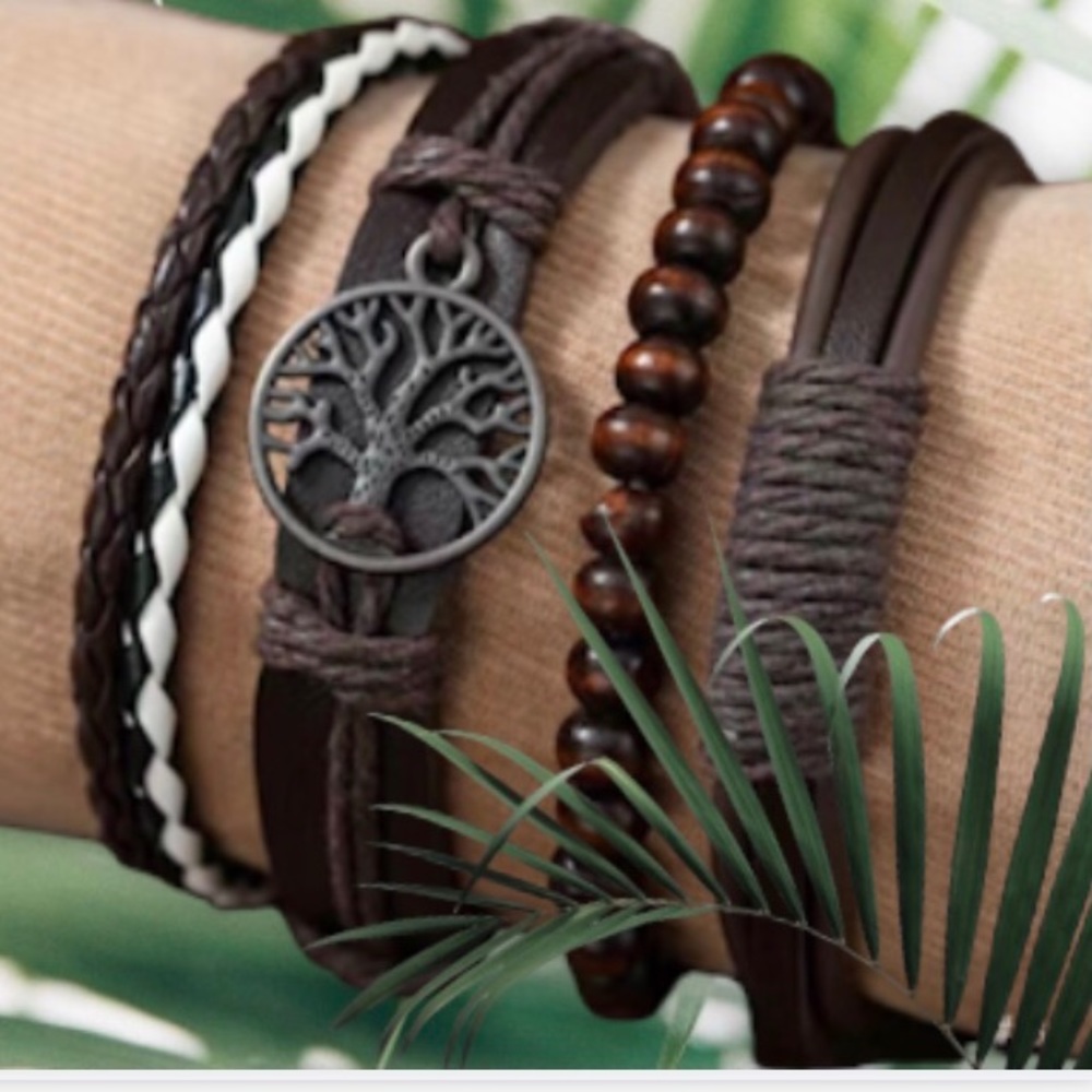 👩🏼🎤Men’s Brown Braided Wrap Leather Bracelet Set - Picture 2 of 5
